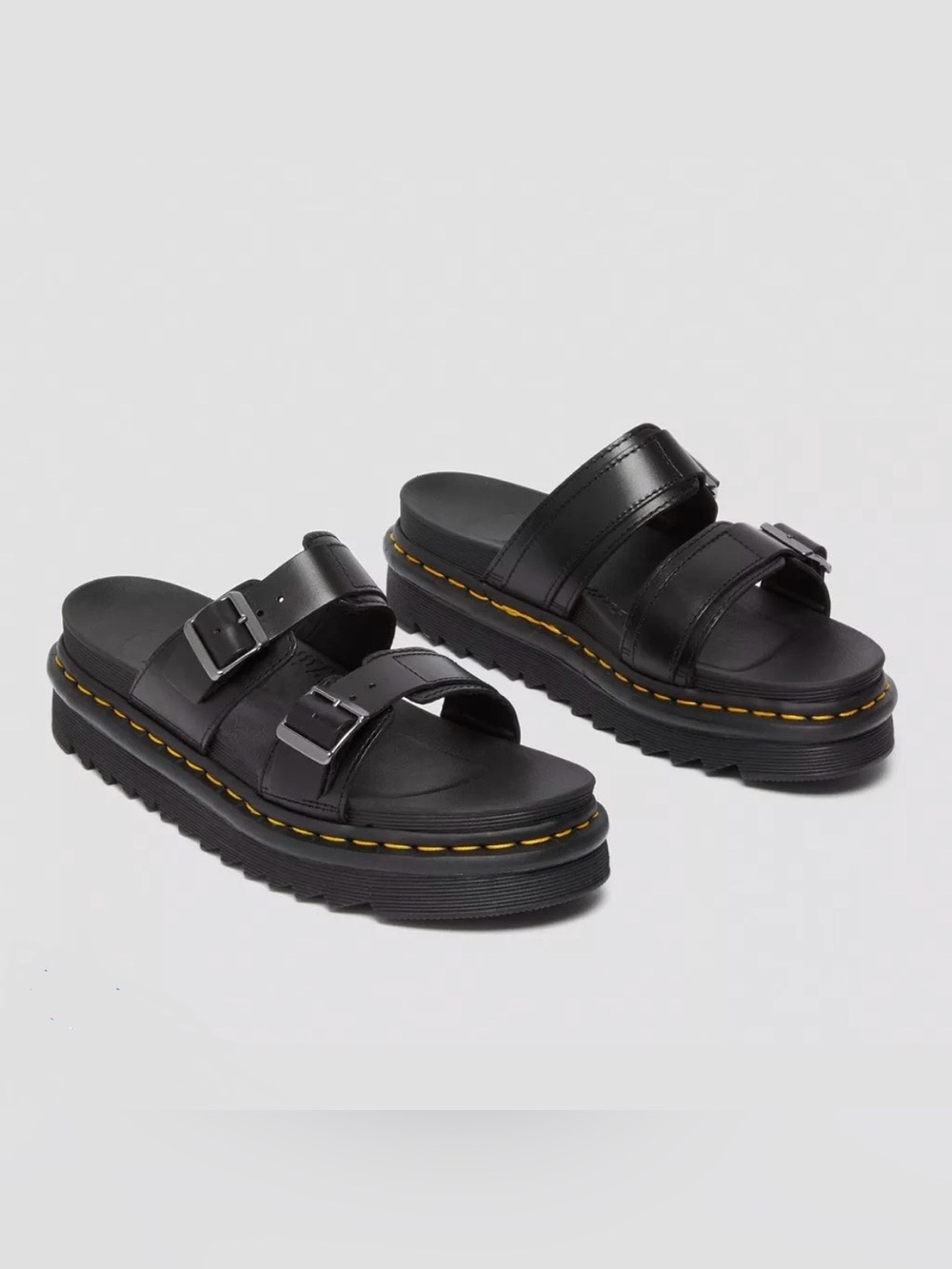 Dr Martens Myles Brando Leather Buckle Slide Sandals Black Platform Womens 6